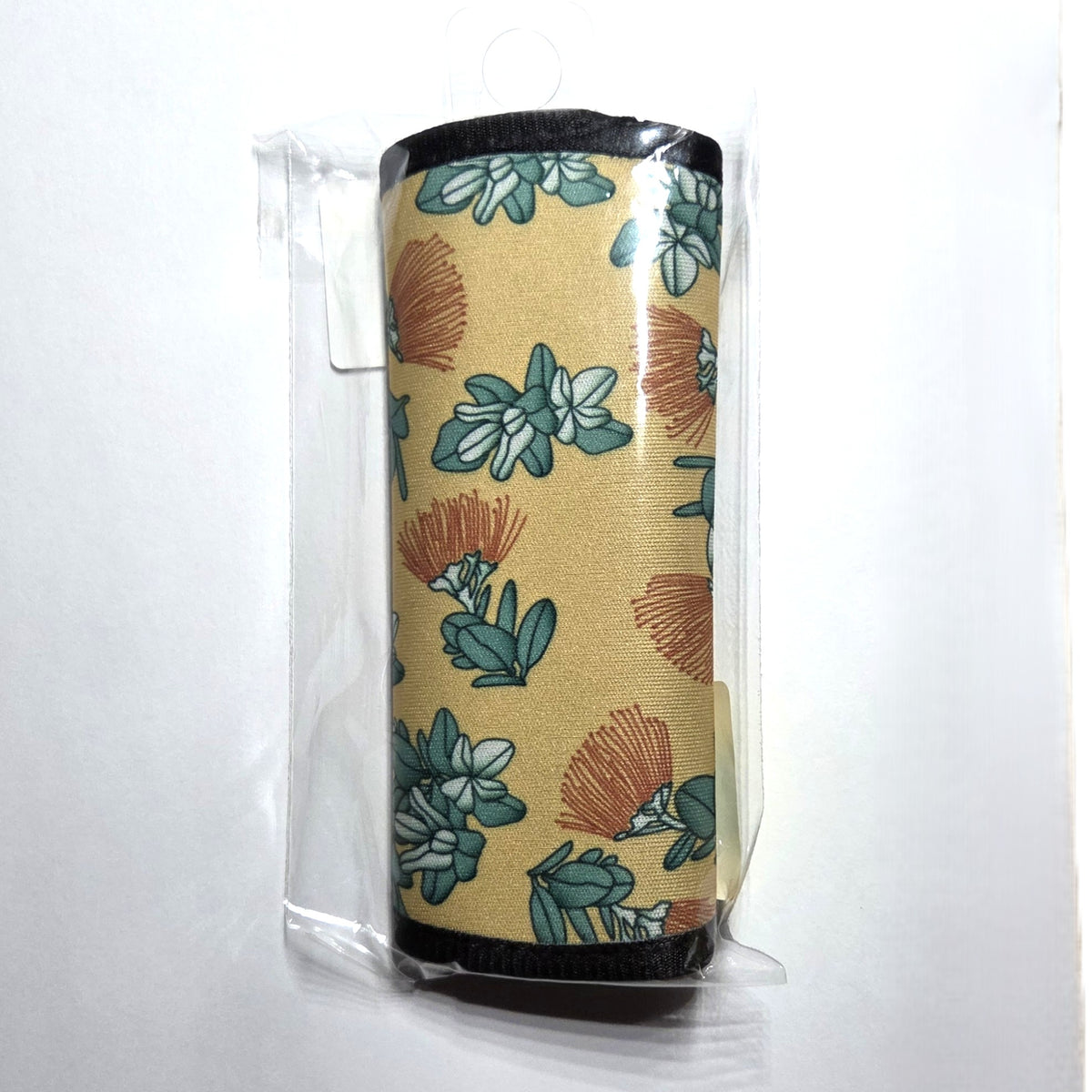 Hawaii artist neoprene luggage handle cover, vertical, Ohia Lehua design