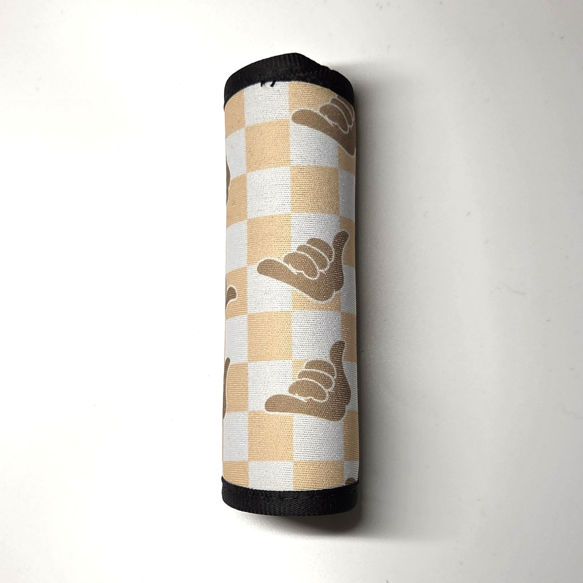 Hawaii artist neoprene luggage handle cover, vertical, Shaka design in beige