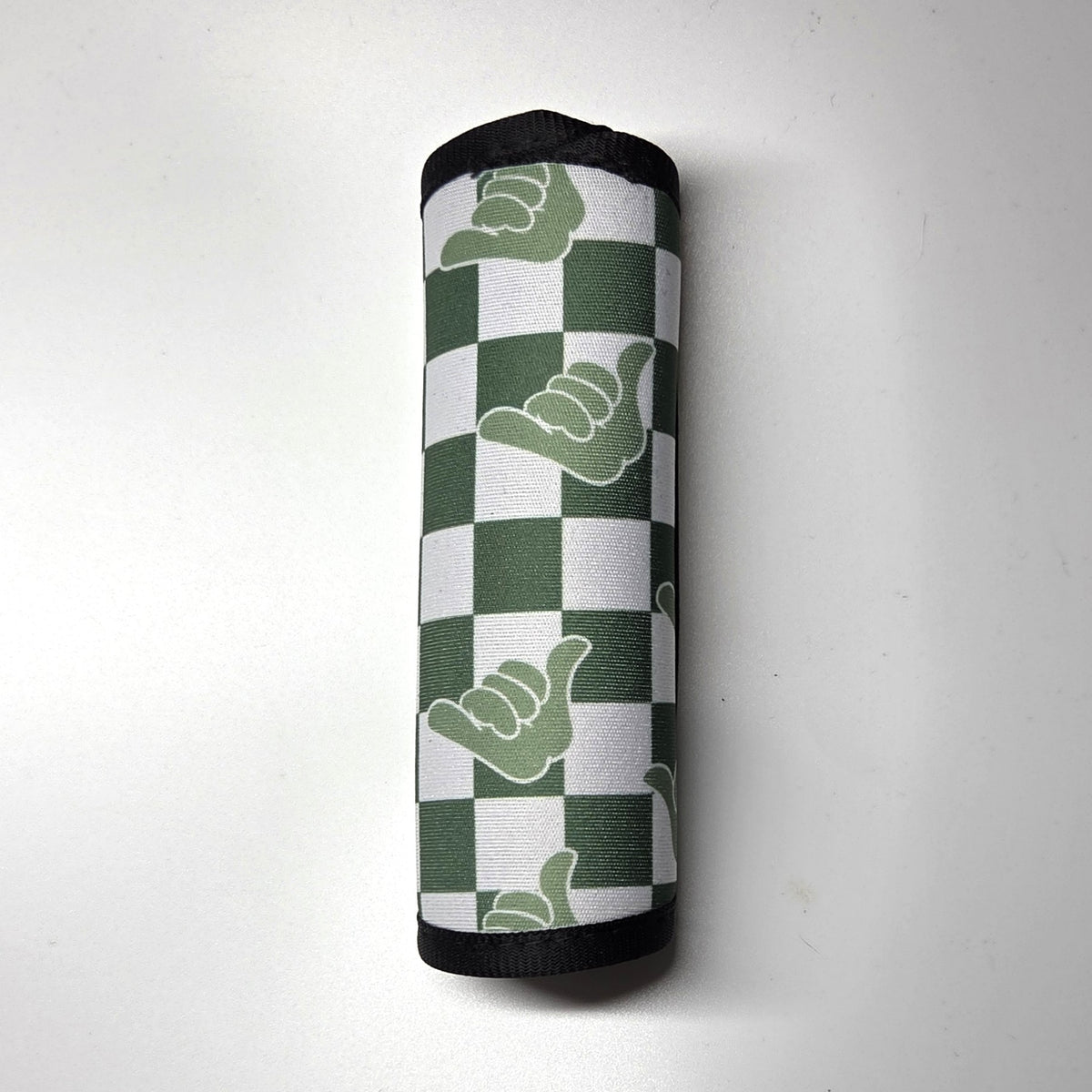 Hawaii artist neoprene luggage handle cover, vertical, Shaka design in green