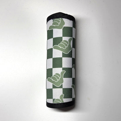 Hawaii artist neoprene luggage handle cover, vertical, Shaka design in green