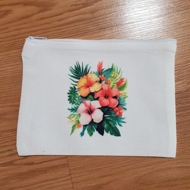 Zippered pouch, Hibiscus Light Pink Yellow Red design