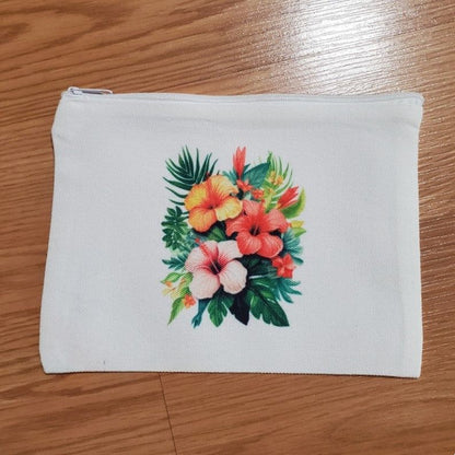 Zippered pouch, Hibiscus Light Pink Yellow Red design