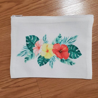 Zippered pouch, Hibiscus Light Pink Yellow Red Greens design
