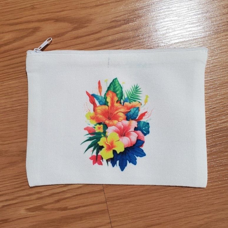 Zippered pouch, Hibiscus Orange Pink Yellow design